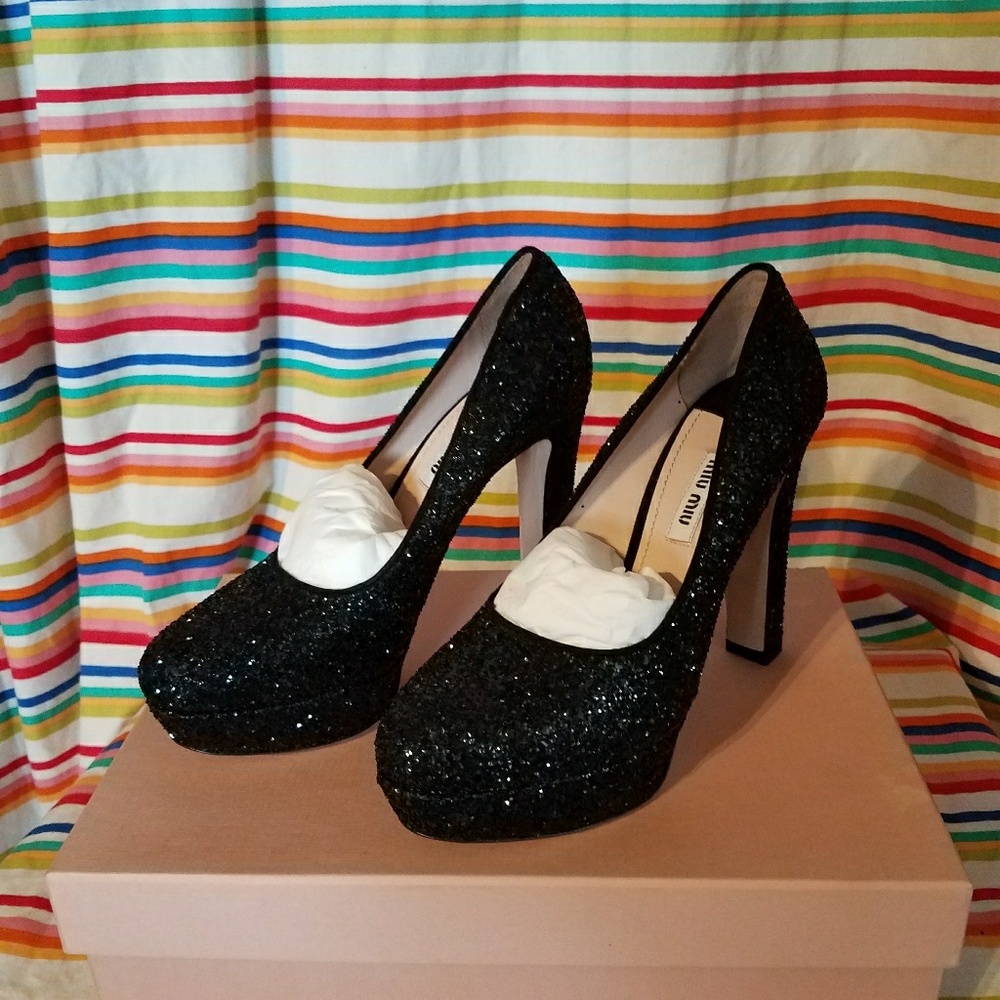 Black glitter miu miu heels